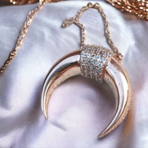 Long rose gold plated sterling diamond horn pendant necklace
